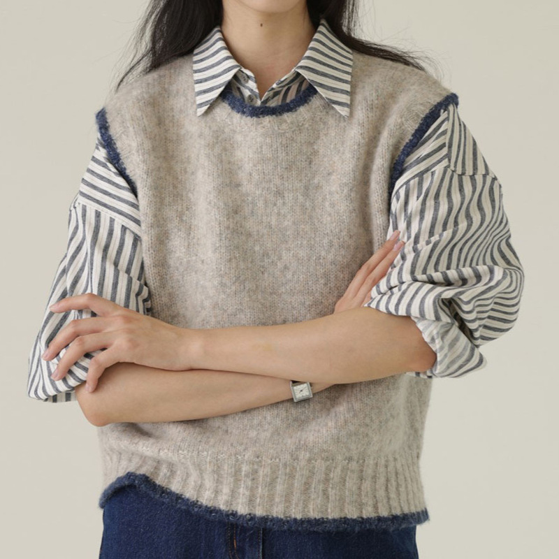 2025 Spring Korean Niche Lazy Style Wool Alpaca Alba Colored Edge Knitted Vest for Women