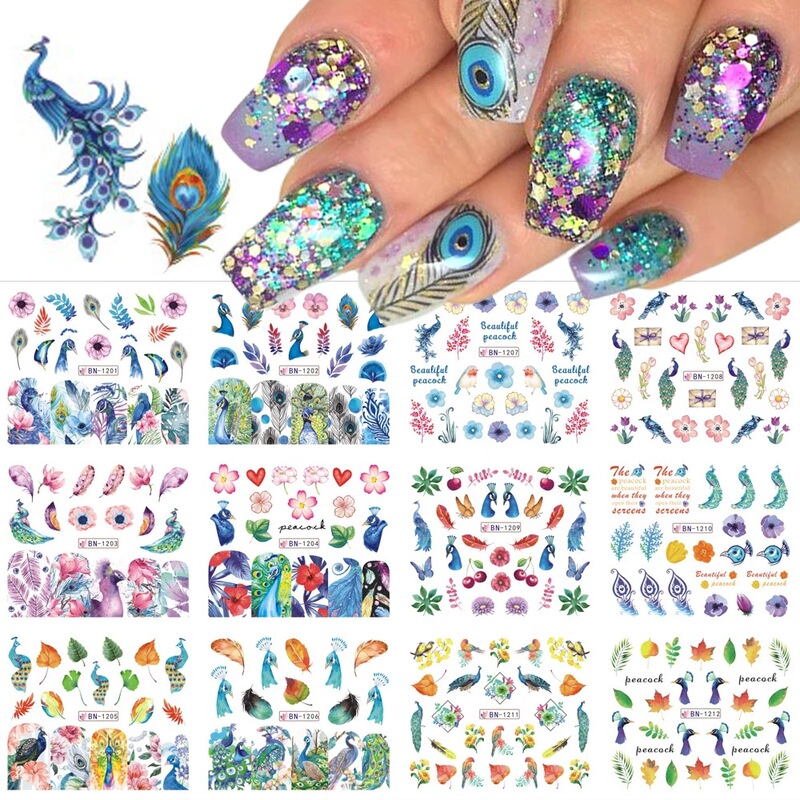 Cross-border supply nail watermark stickers ins popular art water color peacock feather leaf watermark nail stickers