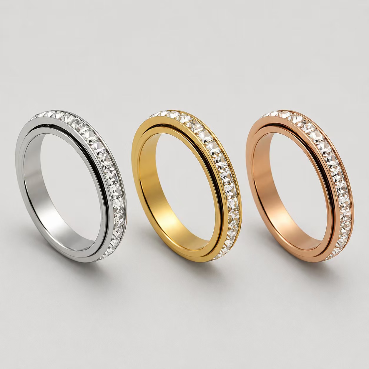 4MM narrow rotating cubic zirconia ring, stainless steel ring, rotatable titanium steel stress-relief full diamond ring for women