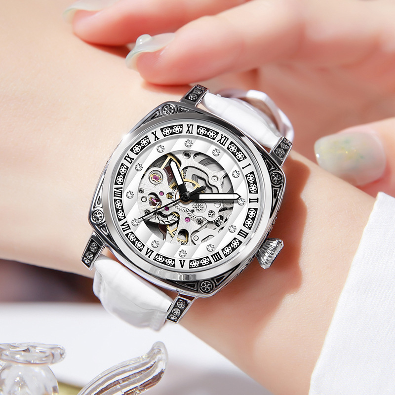 Fully Automatic Mechanical Trendy Watch Fashion Trend Carved Diamond Genuine Leather Belt Watch Needle Luminous Waterproof Men's and Women's Watch