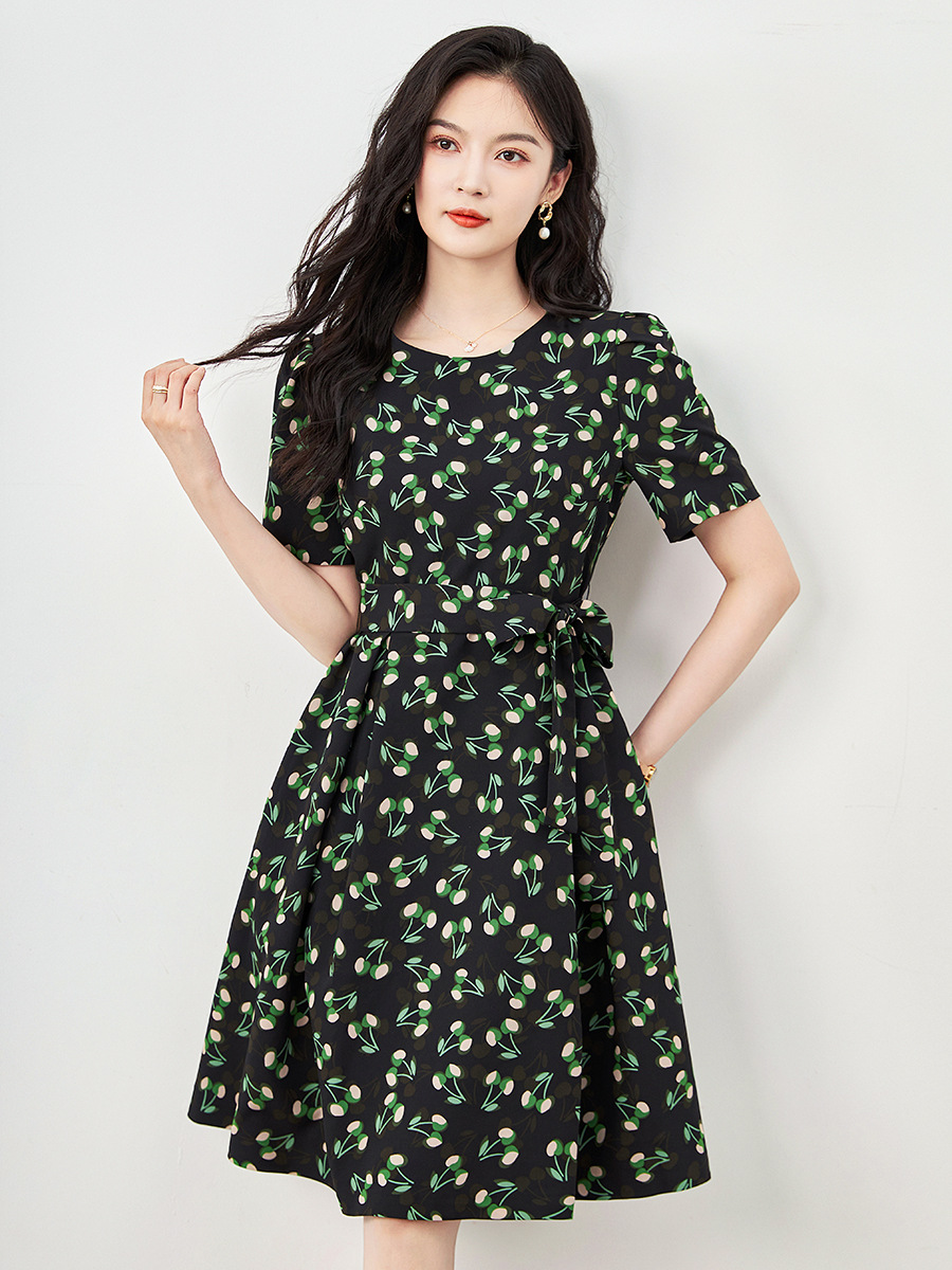 Đầm maxi nữ thắt eo in họa tiết voan crepe mùa hè — Màu xanh lá