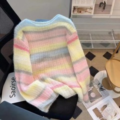 工厂直销彩虹条温柔风马海毛慵懒宽松软糯针织衫毛衣上衣春季新款
