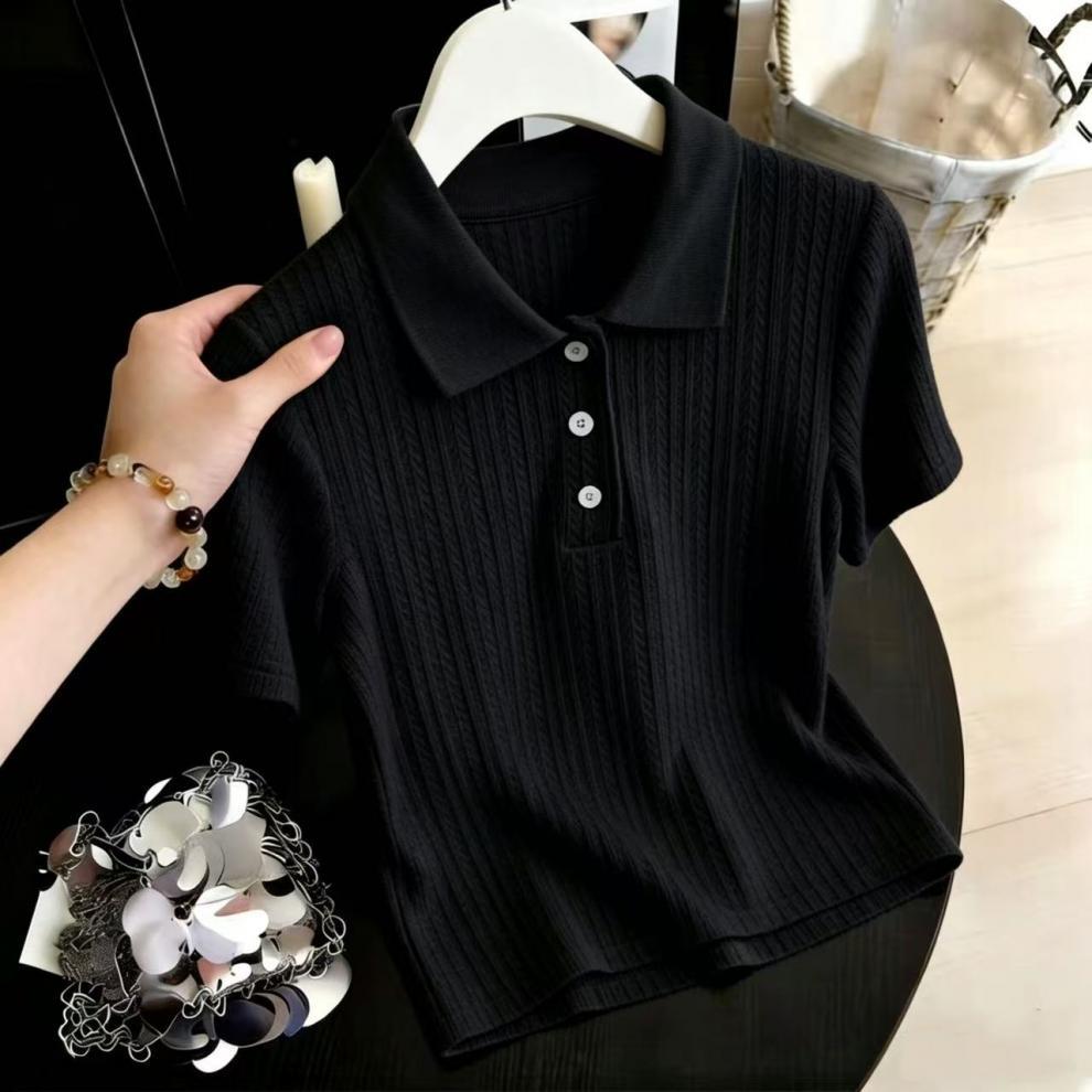 Damen Eisseide Strickoberteil Schulterfrei Kurzarm T-shirt Sommer_voghion.com