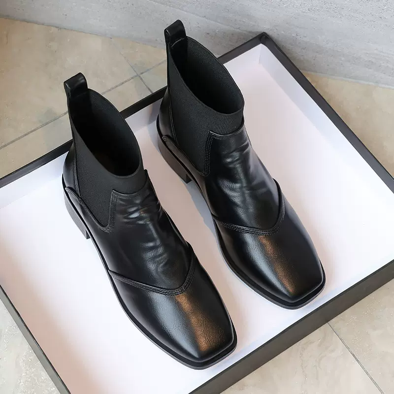 真皮靴子女短靴春秋单靴中跟马丁靴方头切尔西弹力瘦瘦靴小码女靴