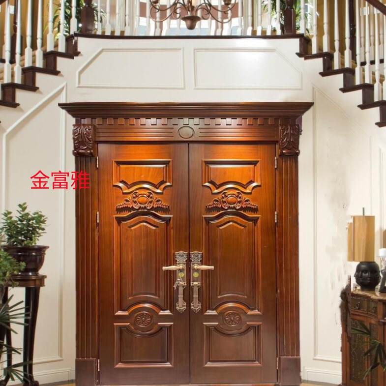 Foshan factory log double door Villa solid wood door teak wooden door Sabri double door pure log baking varnish Foshan factory log double door Villa solid wood door teak wooden door Sabri double door pure log baking varnish