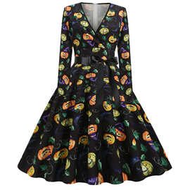 实拍现货2021万圣节新款数码印花V领长袖大摆连衣裙送腰带