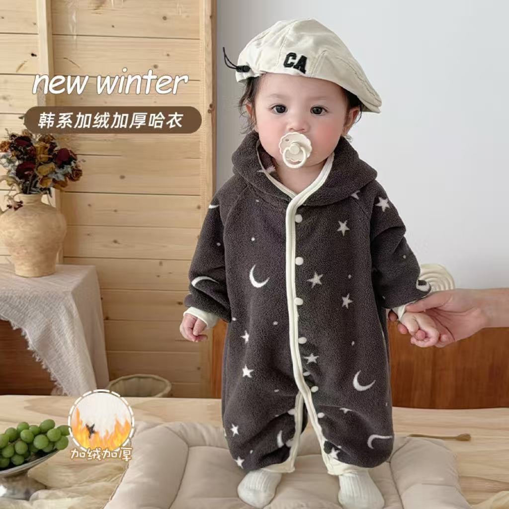 春秋款婴儿连体衣男女宝宝超萌爬服春毛绒加厚连帽保暖家居服睡衣