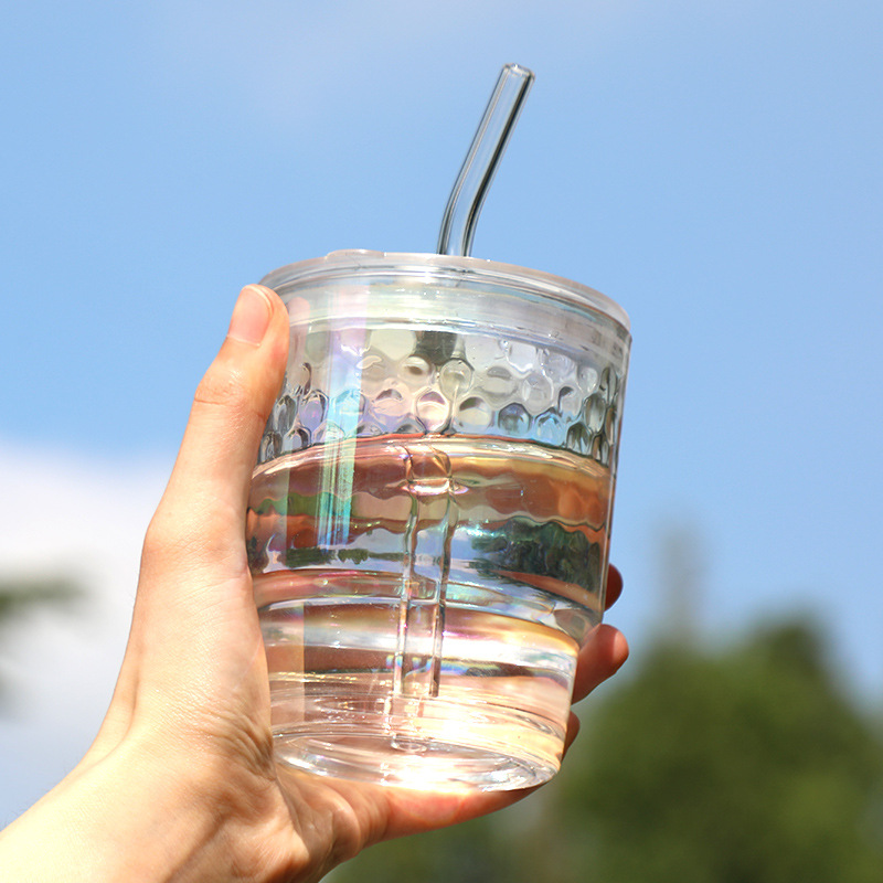 Colorido láser taza de bambú Oficina de agua de vidrio taza hogar simple bebida taza de café con tapa transparente taza de paja