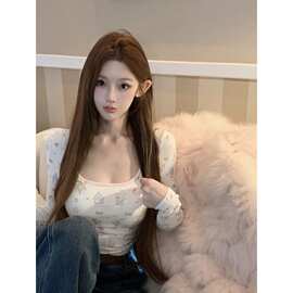 韩系短款印花T恤女秋冬季紧身内搭可爱卡通Kitty猫减龄U领打底衫