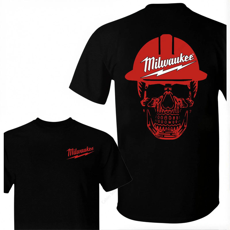 Cross-border pure cotton t-shirt with Milwaukee Tools skull pattern, classic fit, for auto repair fans, unisex casual top Cross-border pure cotton t-shirt with Milwaukee Tools skull pattern, classic fit, for auto repair fans, unisex casual top