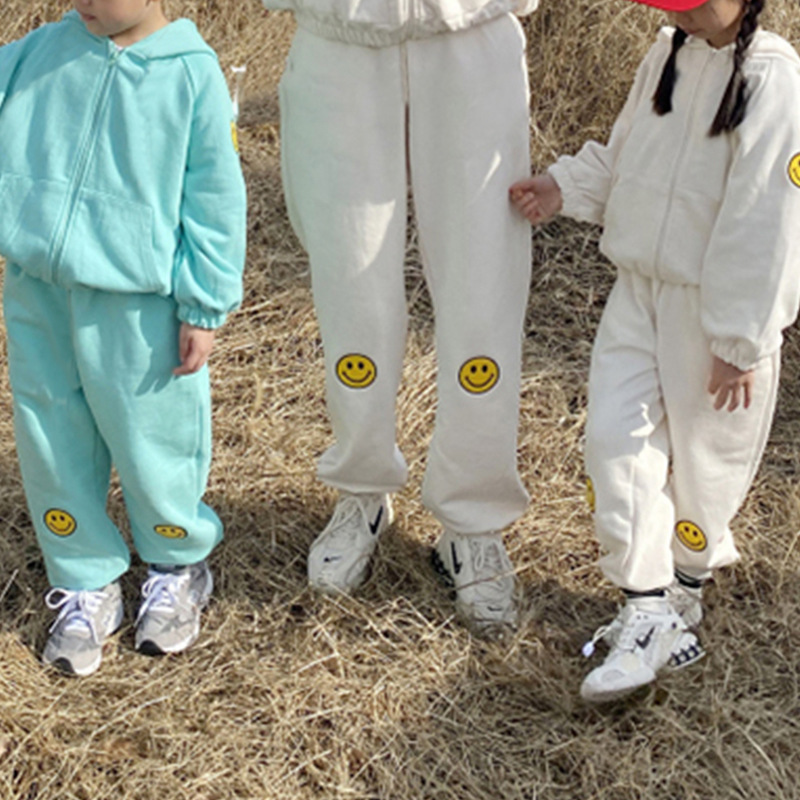 韩版春秋亲子装款新时髦笑脸刺绣拉链连帽毛圈卫衣外套亲子两件套