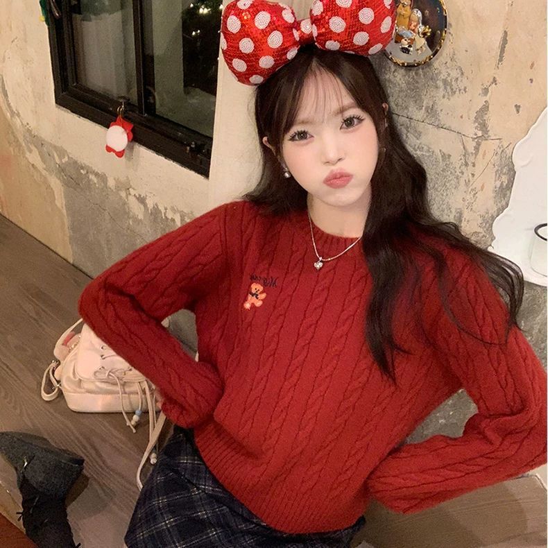 Red Sweater for Women 2026 New Style New Year Outfit Early Spring Cable Knit Inner Layer Base Shirt Outerwear Knit Top