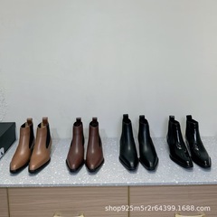 高端2025秋冬真皮尖头英伦风复古粗高跟一脚蹬切尔西靴套筒短靴女