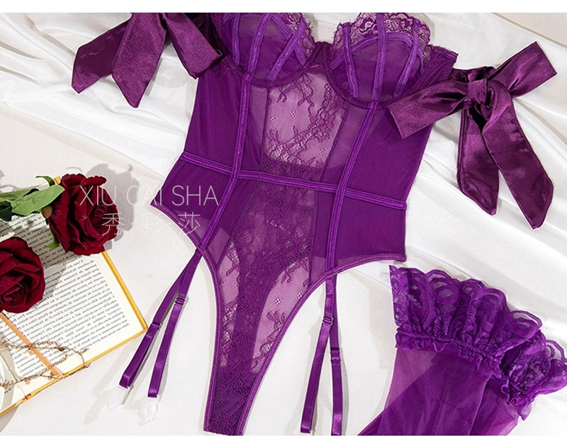 Lace Bodysuit with Garter Straps and Black Stockings, Sheer Intimate Apparel — detail image 20