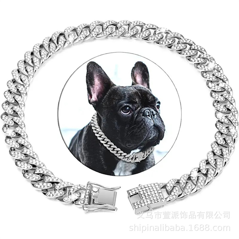 New dog chain dog collar buckle golden silver dog chain pet dog collar necklace with diamond Cuban chain