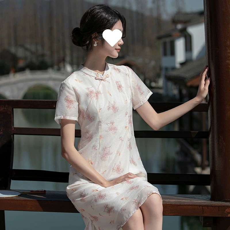 Новое летнее платье-чонсам из тенсела и хлопка с жаккардовым принтом в стиле китайской литературы для маленьких девочек, 2025 г.