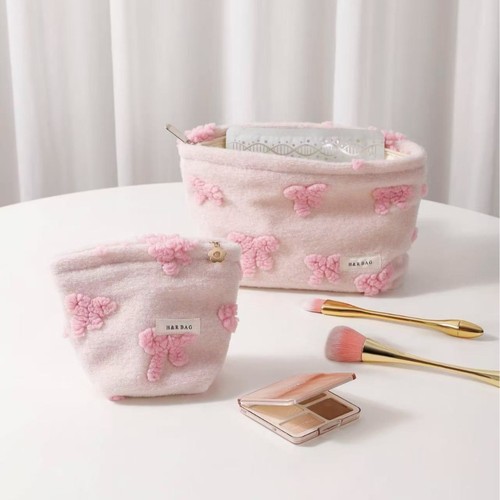 New in’s Sweet Girl Pink Plush Bow Makeup Bag Portable Skin Care Product Storage Bag Clutch