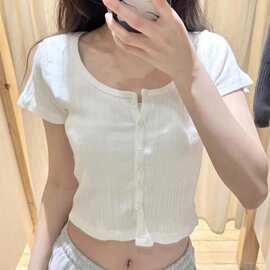 BM风单排扣软糯竖条纹zelly白色短袖T恤女夏季辣妹修身短款上衣潮