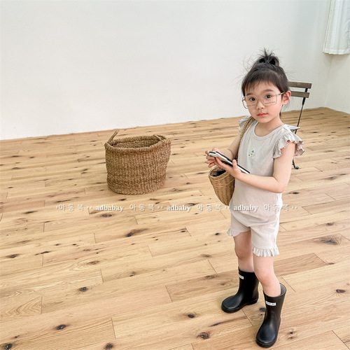 2024 Korean children's clothing summer new Korean style two-piece set girls lace sleeve vest + shorts 123219