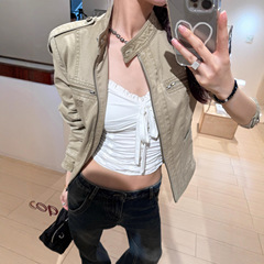 SUNONEON 立领做旧美式复古短款牛仔外套女早秋新款正肩夹克上衣