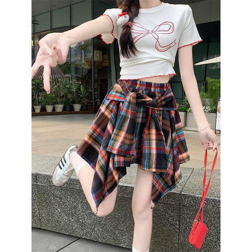 Summer Women's Petite American Sweet and Spicy Design Rhythmic Striped Short Skirt High-Waist Slimming Semi-Body Skirt