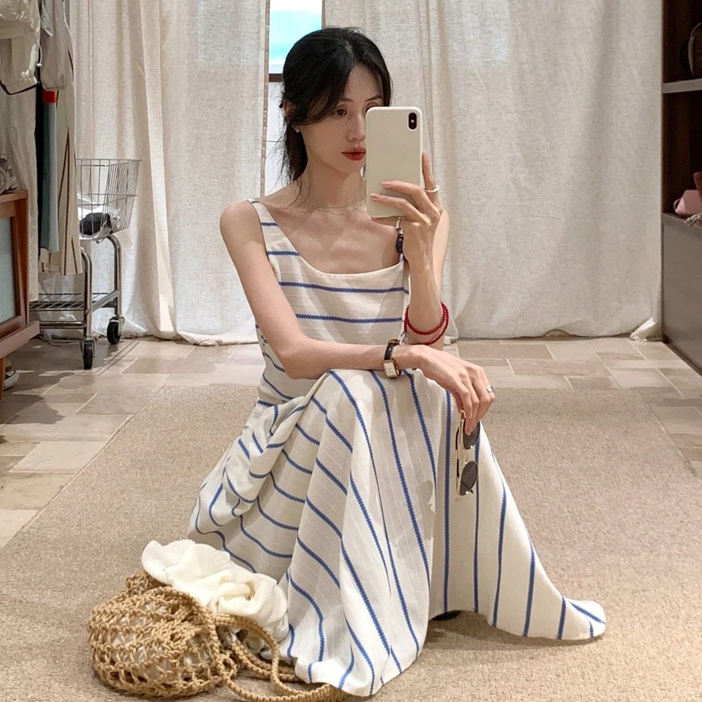 French Resort-Style Chic Dress with Irregular Collar Design, Lace Splicing, Vertical Stripes, Waist-Cinching, Slimming Effect, and Spaghetti Straps for Women