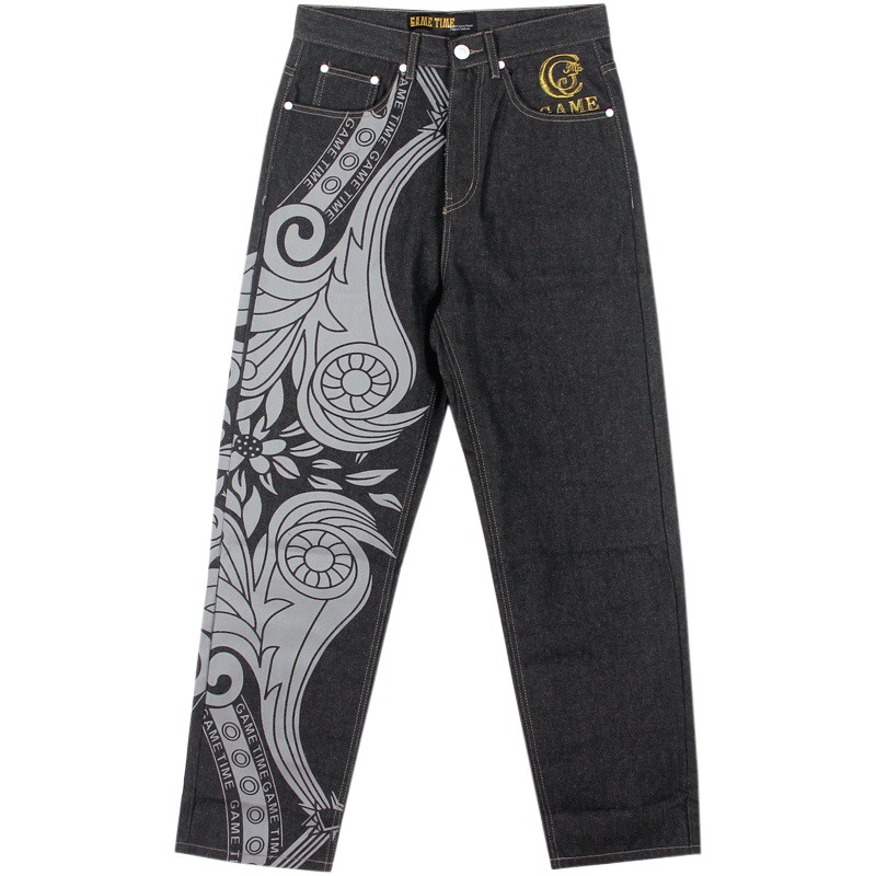 Pantalones rectos de los hombres de moda Pantalones vaqueros hip hop HIPHOP hip hop graffiti impreso bordado pantalones de skateboard flojos