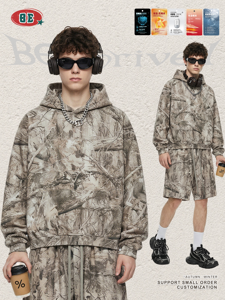 Be Hombres| 2025 otoño y invierno nuevo estilo americano hip-hop calle camuflado chaqueta encapuchada con pantalones cortos de lana para hombre