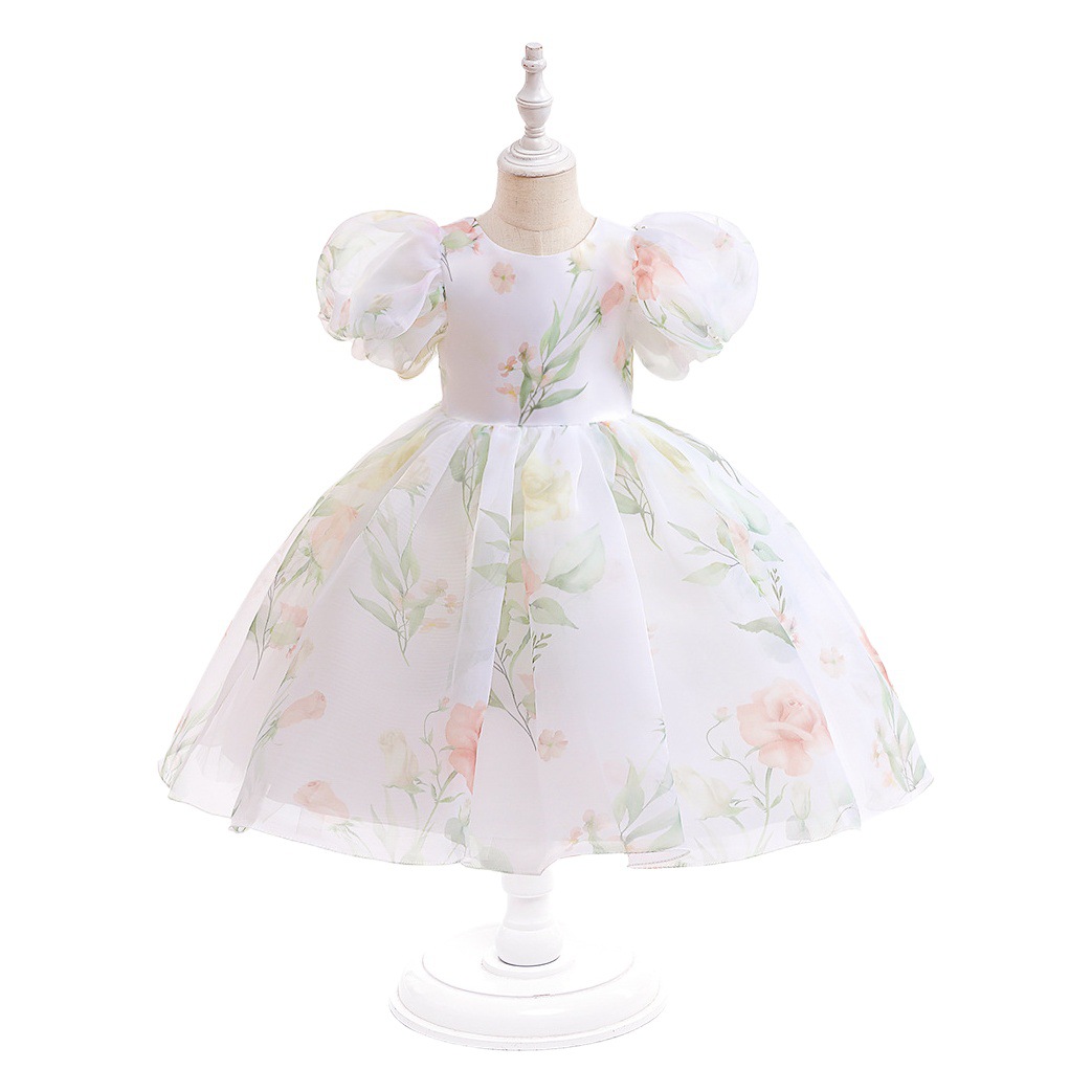 Vestido de niña estilo verano 2026, estilo europeo y americano, vestido de princesa con mangas abullonadas, vestido floral para niñas, falda tutú de malla