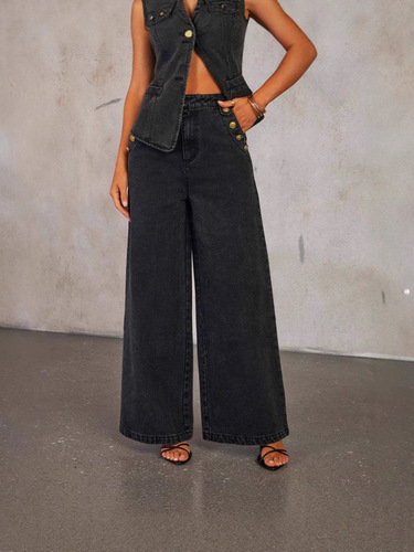 Direct sales new American solid color fashionable sleeveless denim suit European and American style straight wide-leg pants