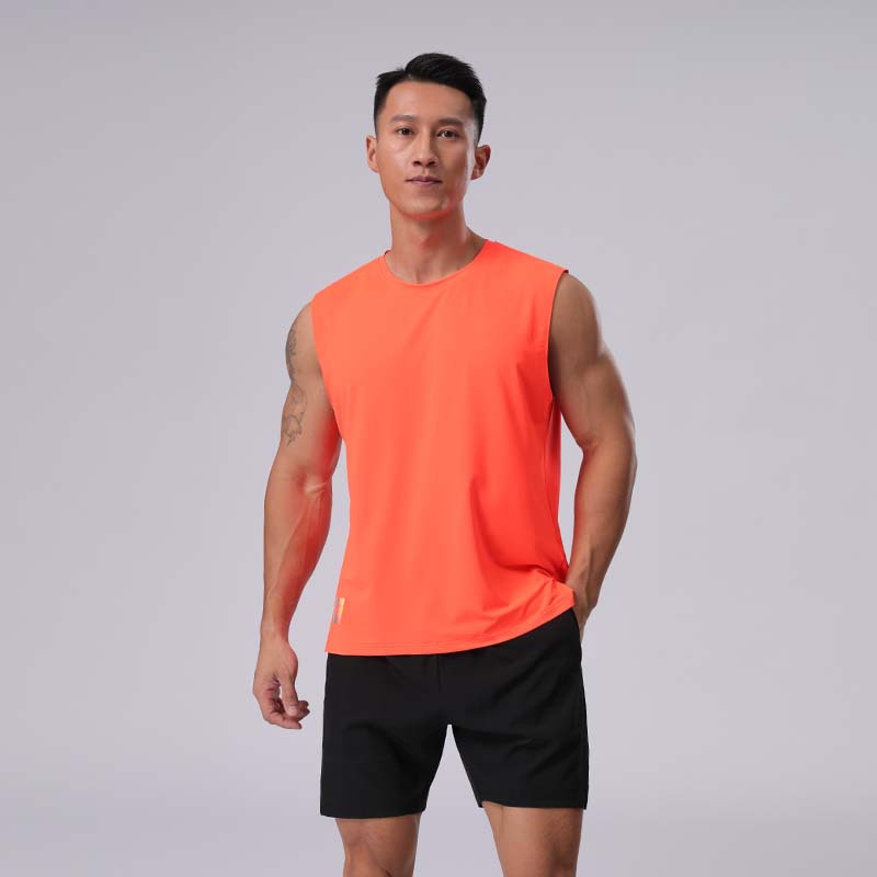 Verano hombres de seda de hielo deportes fitness Chaleco de secado rápido entrenamiento transpirable sin mangas casual suelta cuello redondo corte manga