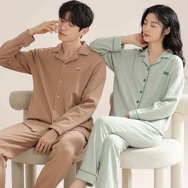 Algodón puro pareja pijamas de las mujeres del otoño nuevo simple chica lycra algodón manga larga vestir prendas exteriores desgaste los hombres traje