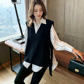 两件套Polo领竖条衬衫黑色针织马甲两件套女春秋新款韩版时尚上衣