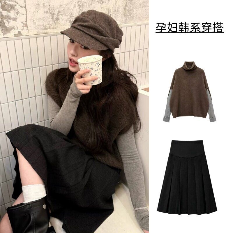 Maternity wear: spring and autumn vest, dark brown high-neck knitted gray long-sleeved undershirt, and pleated midi skirt – a two-piece set for winter