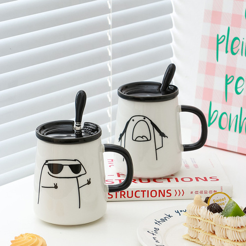 Creative personality spoof ceramic mug drinking water coffee mug with lid spoon for boys and girls household breakfast milk cup