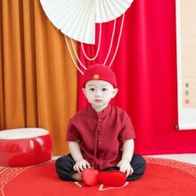 男童汉服夏装周岁礼服男宝宝新中式中国风套装中小童红色两件唐装