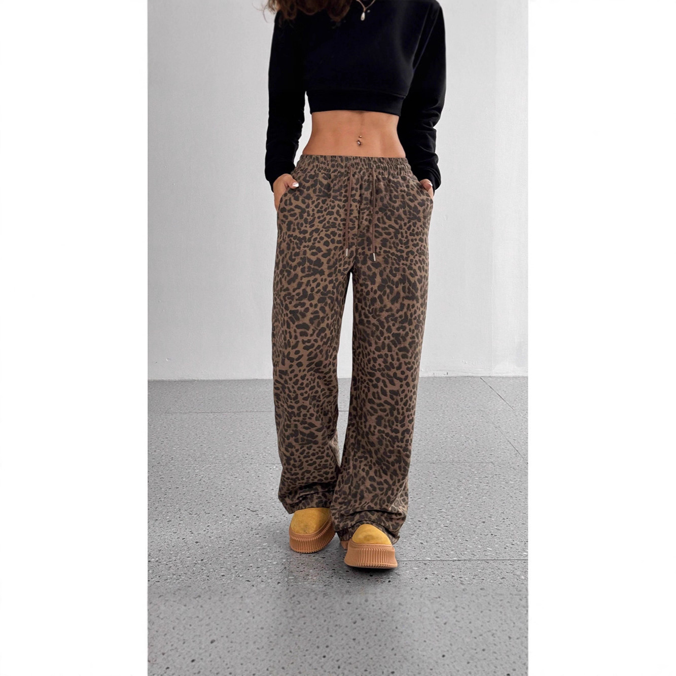 Amazon European and American Cross-Border Spring and Autumn Spicy Girl High-Waisted Wide-Leg Pants Loose Slimming Trendy Leopard Print Floor-Length Casual