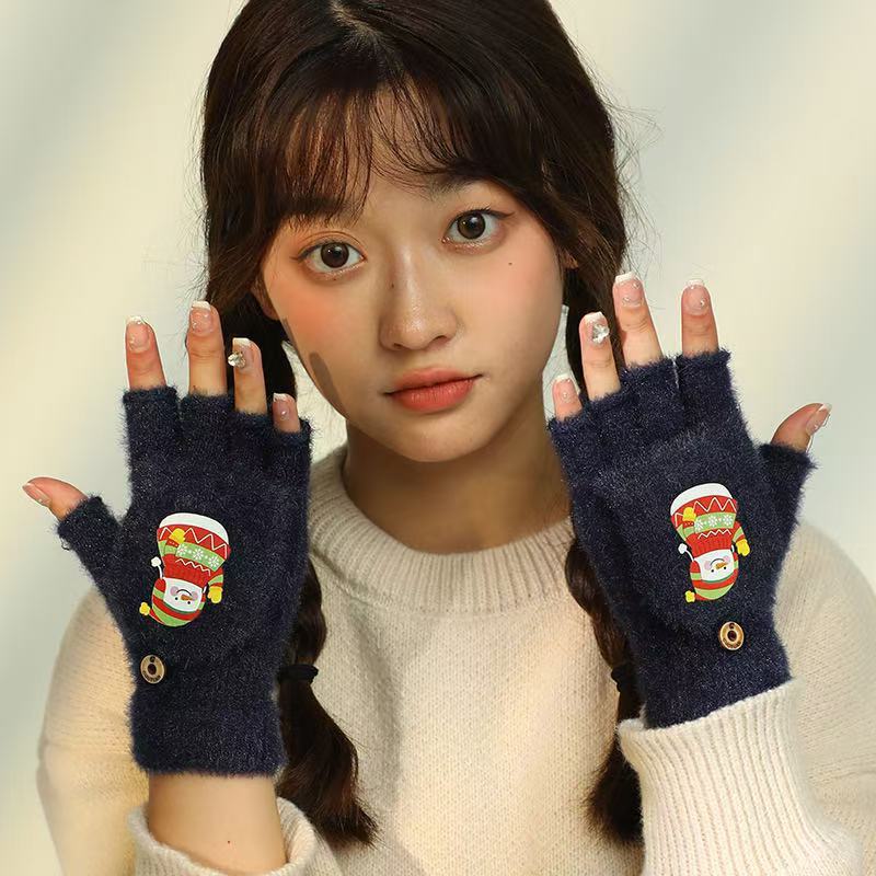 新型の冬用ぬいぐるみ風ハーフフィンガーフリップアップ式保温厚手工場製指なしフェイクミンクニット学生用筆記用手袋（男性用）|undefined