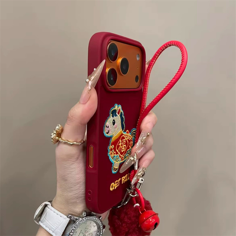 Red Velvet Fortune Character Horse Case Suitable for iPhone 17 Pro, Apple 16 Pro, New Year 15 Pro, Embroidered 14P