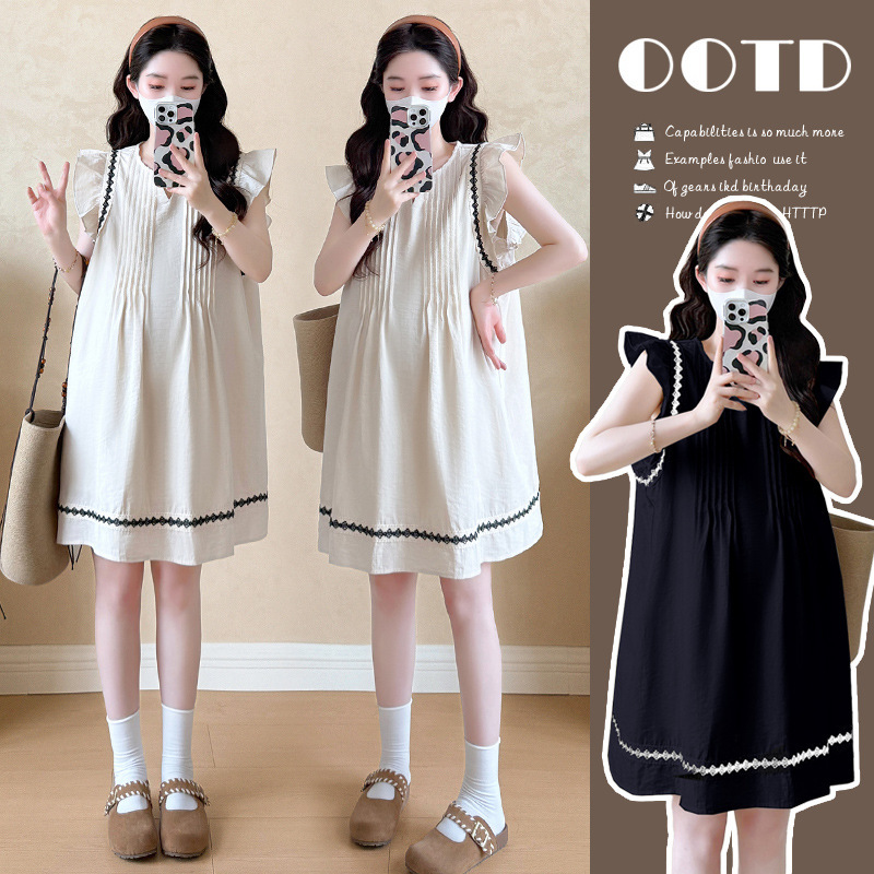 Maternity Summer Short-Sleeved Dress 2025 New Summer Ethnic Style V Neck Small Flying Sleeves Slimming Look Long Skirt Wear