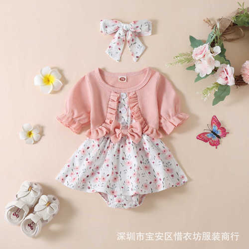 Summer and Autumn New Baby Girls' One-piece Romper with Short Sleeve Top, False Two-Piece with Bow Print Skirt, Diaper Cover Tunic Dress