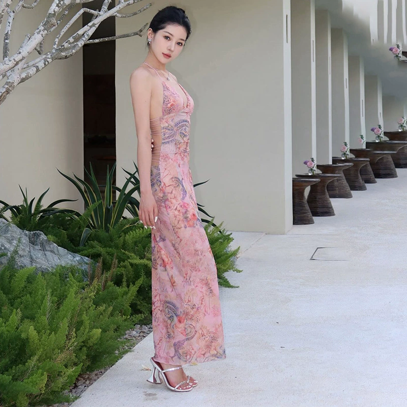 W086DS европейская и американская горячая девушка 2024 лето новая мода с принтом без рукавов, сексуальное длинное платье без спинки