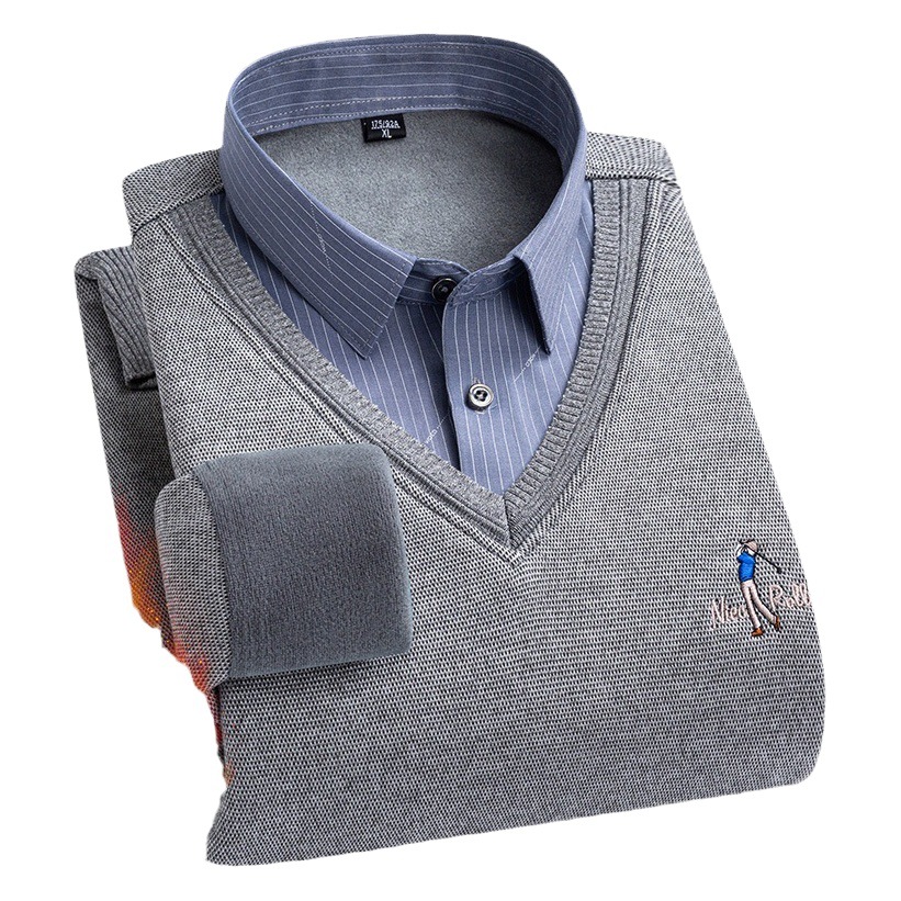 With Wool Winter Men's Fake Two-piece Fleece Thickened Seamless Shirt Collar Wool Shirt Pullover Warm Sweater Knitted