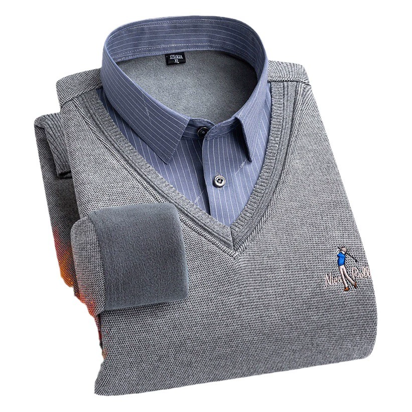 Шерстяная Зимняя Мужская искусственная двухсекционная утолщенная бесшовная рубашка с воротником на флисовой подкладке, шерстяная рубашка, пуловер, теплый свитер, вязаный