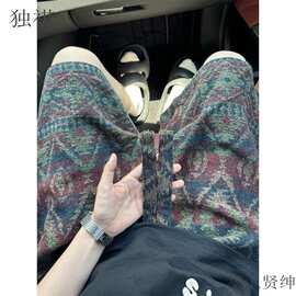 针织脏脏风短裤男夏季民族风印花过膝五分裤休闲痞帅oversize中裤