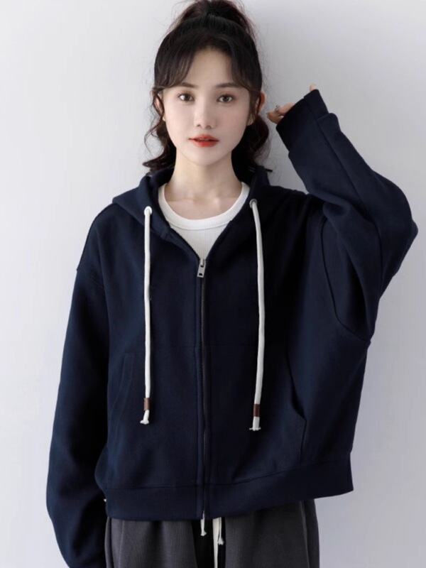 藏蓝色加绒加厚短款卫衣外套女秋冬2025新款美式开衫外套上衣7317|undefined