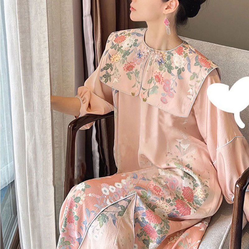 New Chinese-Style National Style Improved Cheongsam, Elegant Ladylike Long Dress, Loose Pink Floral Dress, New Spring and Summer Style