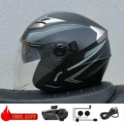 Motosiklet kaskı (dəbilqə) — Dual Lens Cycling Helmet - gray-lines-transparent-lens-with-bluetooth-m57-58