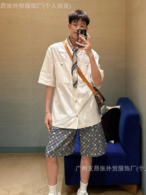 驴家新款彩格马赛克半袖牛仔衬衣套装短裤棋盘格拼接牛仔男女同款|undefined