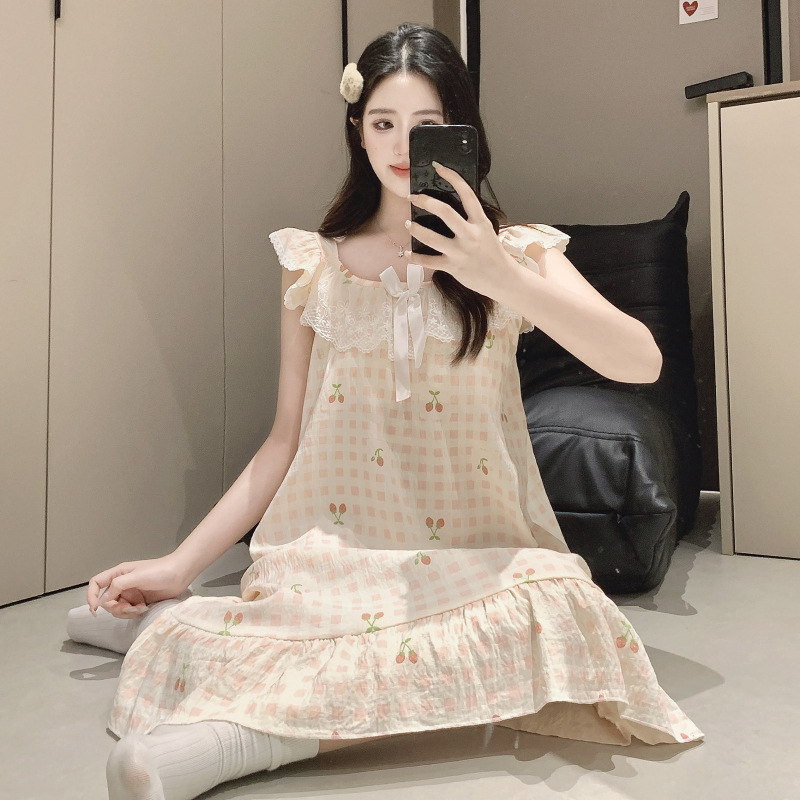 Princess-Style Bow-Knot Over-The-Knee Nightgown for Women, Summer Sleepwear with Chest Pads, Korean-Style Ins Loose-Fitting Loungewear That Can Be Worn Outside Princess-Style Bow-Knot Over-The-Knee Nightgown for Women, Summer Sleepwear with Chest Pads, Korean-Style Ins Loose-Fitting Loungewear That Can Be Worn Outside